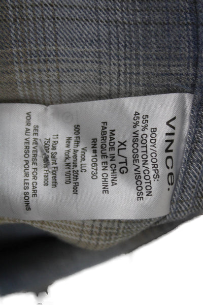 Vince Mens Plaid Classic Fit Button Down Short Blue Beige Size Extra Large