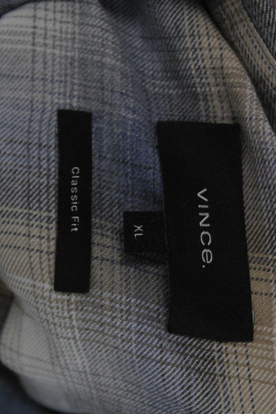 Vince Mens Plaid Classic Fit Button Down Short Blue Beige Size Extra Large