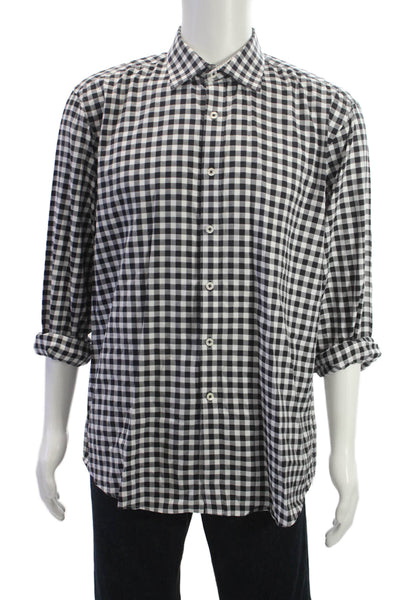Bugatchi Mens Plaid Shaped Fit Button Down Shirt Black White Size Small
