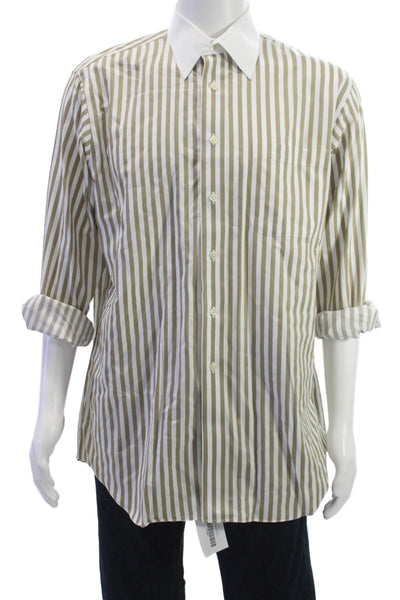 Paul Fredrick Mens Striped Cotton Point Dress Shirt Beige Long Sleeve Size 16