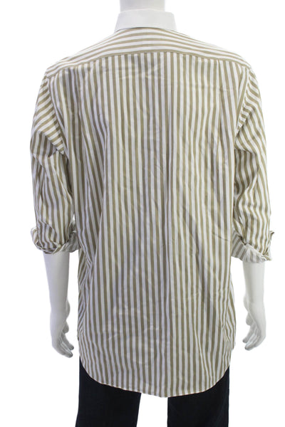 Paul Fredrick Mens Striped Cotton Point Dress Shirt Beige Long Sleeve Size 16