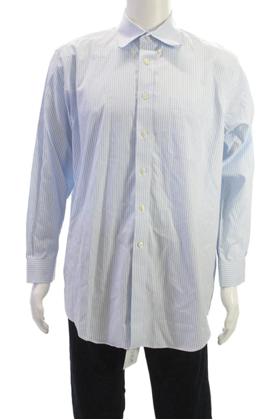 Paul Fredrick Mens Point Collar Dress Shirt Light Blue Striped Cotton Size 16
