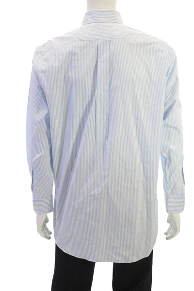 Paul Fredrick Mens Point Collar Dress Shirt Light Blue Striped Cotton Size 16