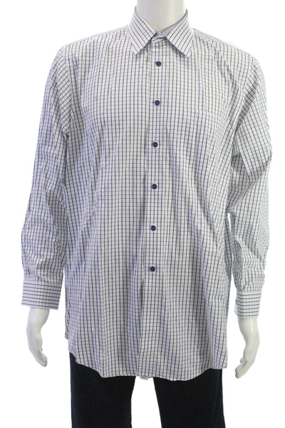 Paul Fredrick Mens Point Dress Shirt White Check Cotton Long Sleeve Size 16