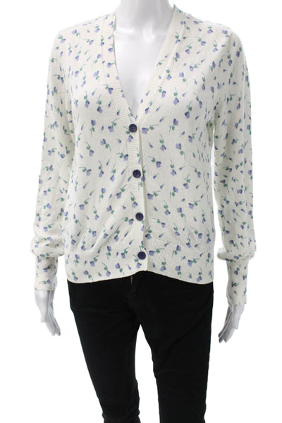 Zara Women Cardigan White Floral V-Neck Button Long Sleeve Cotton Nylon Size M
