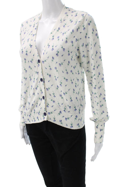 Zara Women Cardigan White Floral V-Neck Button Long Sleeve Cotton Nylon Size M