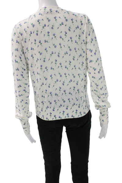 Zara Women Cardigan White Floral V-Neck Button Long Sleeve Cotton Nylon Size M