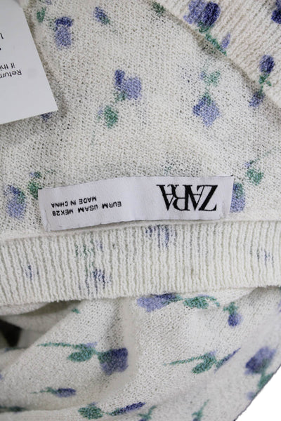 Zara Women Cardigan White Floral V-Neck Button Long Sleeve Cotton Nylon Size M