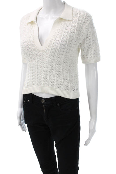 Rue Stiic Women Pullover White Cotton V-Neck Short Sleeve Zip Size S