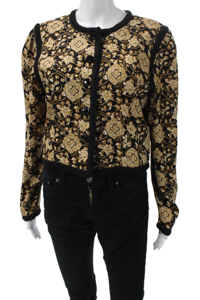 Maggy London Women Black Floral 80s Silk Button Long Sleeve Jacket Size 10