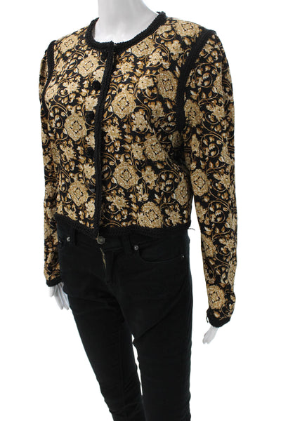 Maggy London Women Black Floral 80s Silk Button Long Sleeve Jacket Size 10