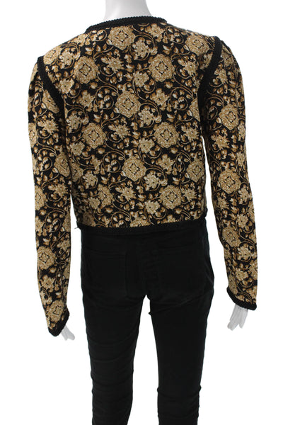 Maggy London Women Black Floral 80s Silk Button Long Sleeve Jacket Size 10
