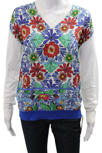 Escada Unisex Blue Floral V-Neck Pullover Sweater Viscose Long Sleeve Size S