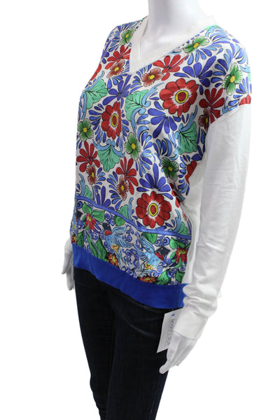 Escada Unisex Blue Floral V-Neck Pullover Sweater Viscose Long Sleeve Size S