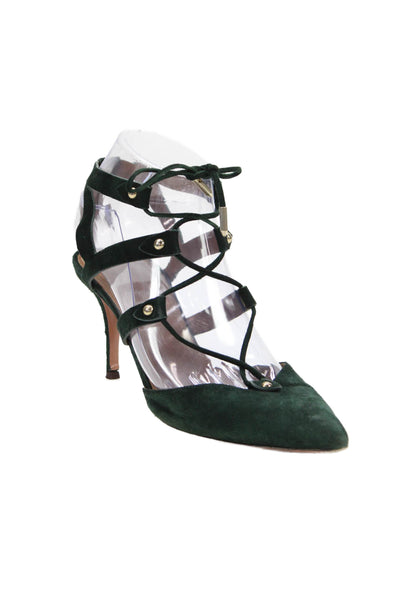Aquazzura Womens Suede Bel Air 75 Lace Up Pumps Green Size 38 8