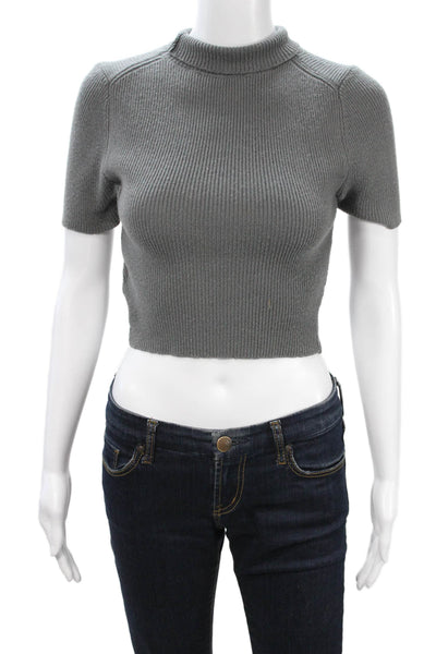Zara Women Cropped Mock Neck Short Sleeve Sweater Gray Poly Blend Size S