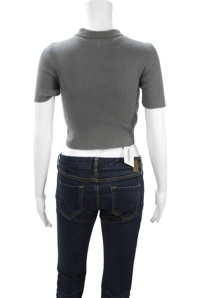 Zara Women Cropped Mock Neck Short Sleeve Sweater Gray Poly Blend Size S