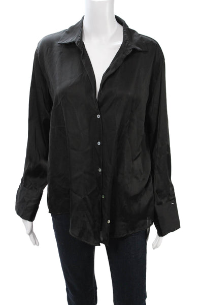 Zara Women Collared Black Polyester Button-Up Blouse Long Sleeve Size S