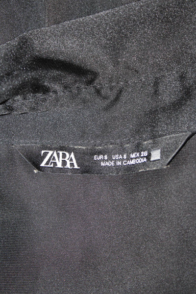 Zara Women Collared Black Polyester Button-Up Blouse Long Sleeve Size S