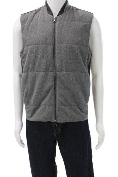 Vince Mens Quilted Cotton Vest Gray Zip Mock Neck Size M