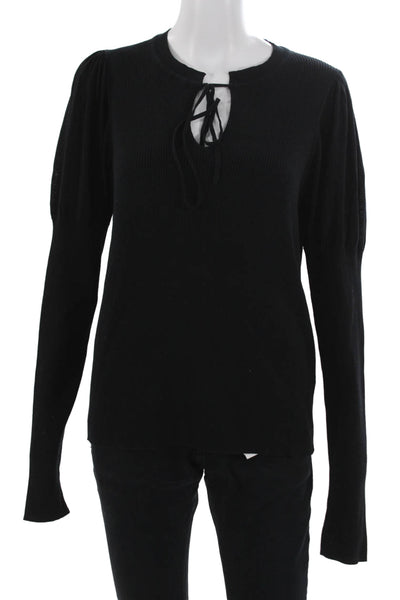 Rebecca Taylor Womens Black Cotton Blend Sweater Long Sleeve Tie Neck Size XL