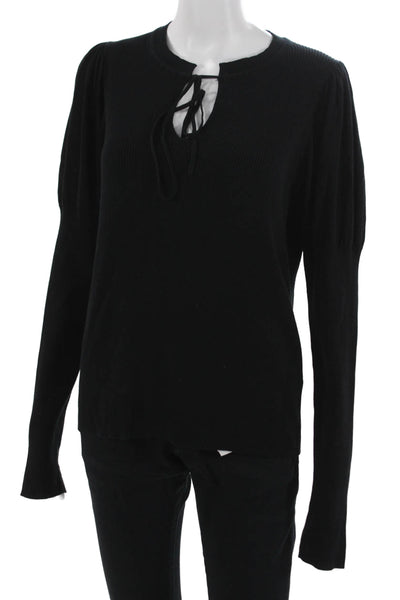 Rebecca Taylor Womens Black Cotton Blend Sweater Long Sleeve Tie Neck Size XL