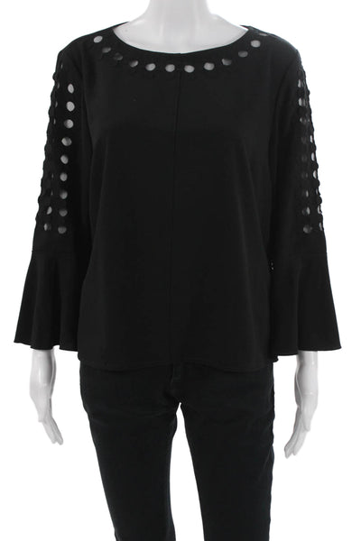 Elie Tahari Women Black Long Sleeve Round Neck Designer Blouse Size 4