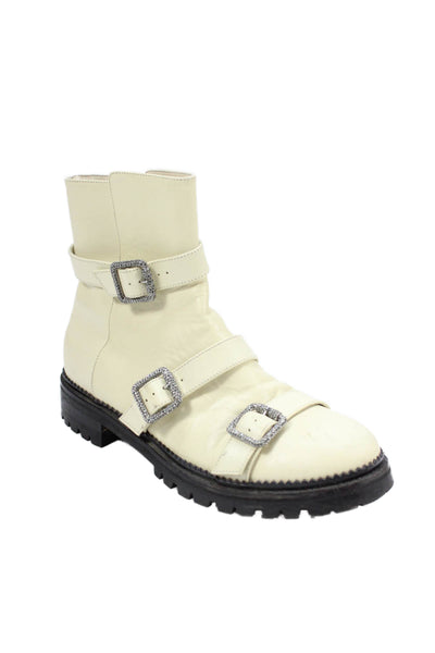 Jimmy Choo Womens Leather Buckled Combat Ankle Boots White Size 9.5