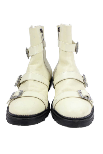 Jimmy Choo Womens Leather Buckled Combat Ankle Boots White Size 9.5