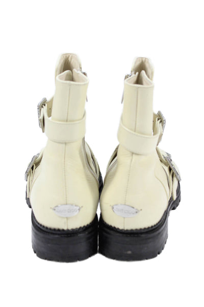 Jimmy Choo Womens Leather Buckled Combat Ankle Boots White Size 9.5