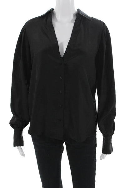 Gold Hawk Womens Black Silk V-Neck Button Up Blouse Long Sleeve Size S