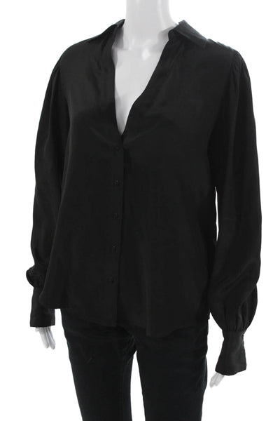 Gold Hawk Womens Black Silk V-Neck Button Up Blouse Long Sleeve Size S