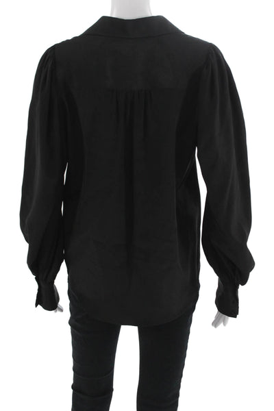 Gold Hawk Womens Black Silk V-Neck Button Up Blouse Long Sleeve Size S