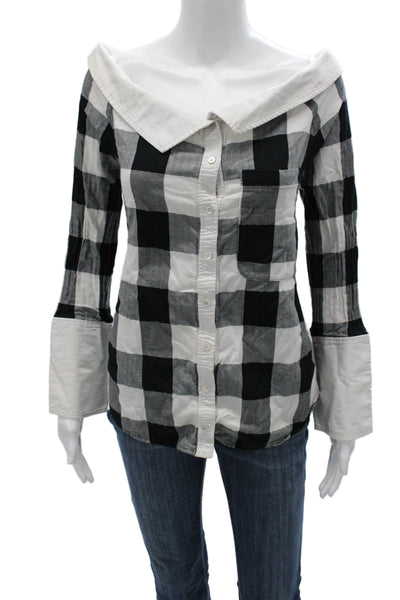Marissa Webb Women Black Checked Cotton Button Up Long Sleeve Top Size L