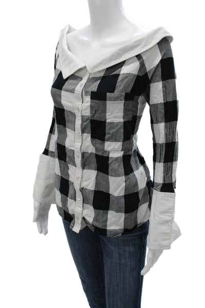 Marissa Webb Women Black Checked Cotton Button Up Long Sleeve Top Size L