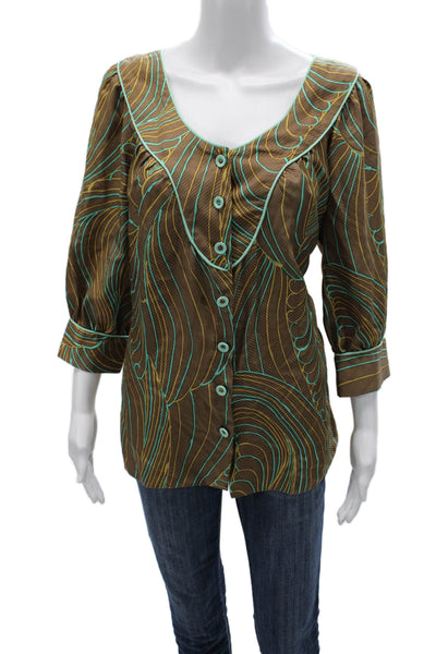 Milly Women Brown Silk Button Up Blouse 3/4 Sleeve Round Neck Bohemian Size 8