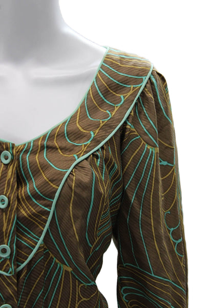 Milly Women Brown Silk Button Up Blouse 3/4 Sleeve Round Neck Bohemian Size 8