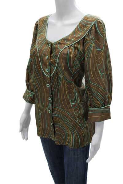 Milly Women Brown Silk Button Up Blouse 3/4 Sleeve Round Neck Bohemian Size 8