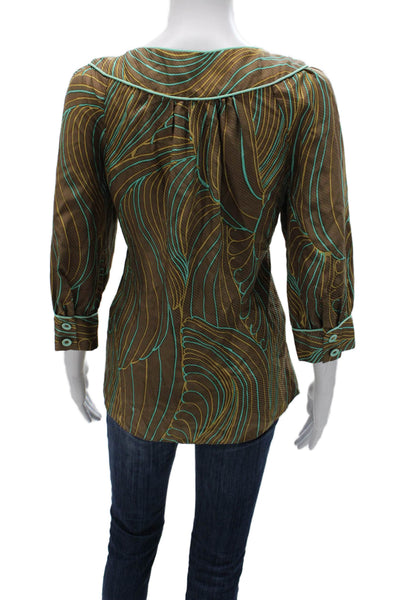 Milly Women Brown Silk Button Up Blouse 3/4 Sleeve Round Neck Bohemian Size 8