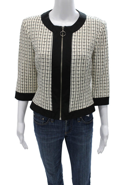 Trina Turk Womens Beige Zip Front Blazer 3/4 Sleeve Check Round Neck Size 8