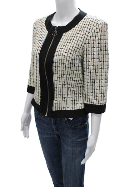 Trina Turk Womens Beige Zip Front Blazer 3/4 Sleeve Check Round Neck Size 8