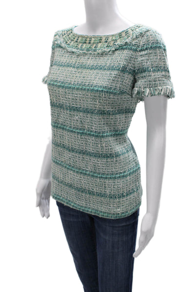 Tory Burch Women Striped Round Neck Short Sleeve Blouse Green Size 8