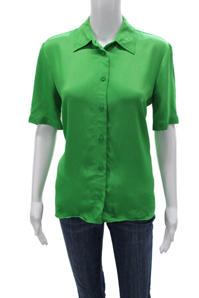 Zara Women Basic Collared Button-Up Blouse Green Short Sleeve Polyester Size M