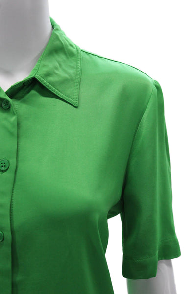 Zara Women Basic Collared Button-Up Blouse Green Short Sleeve Polyester Size M
