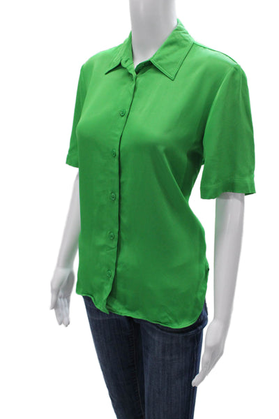 Zara Women Basic Collared Button-Up Blouse Green Short Sleeve Polyester Size M