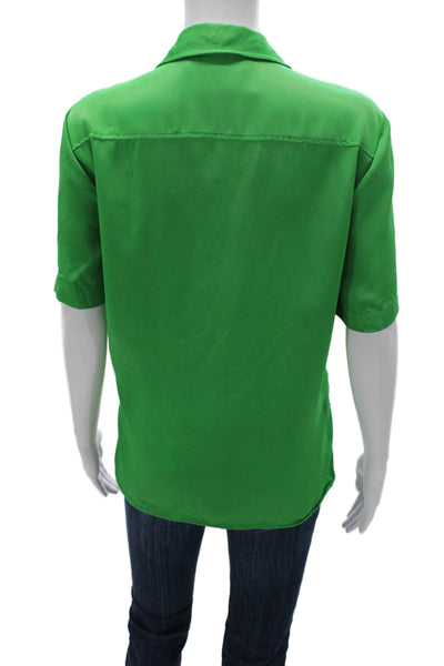 Zara Women Basic Collared Button-Up Blouse Green Short Sleeve Polyester Size M