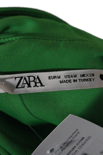 Zara Women Basic Collared Button-Up Blouse Green Short Sleeve Polyester Size M