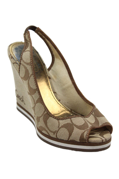 Coach Women's Open Toe Monogram Wedge Slingback Sandals Brown Size 5.5