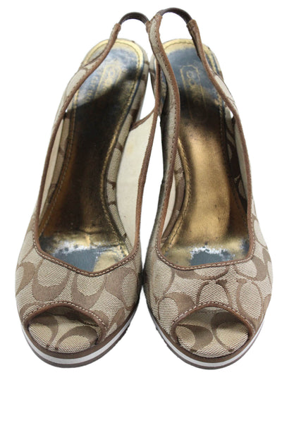 Coach Women's Open Toe Monogram Wedge Slingback Sandals Brown Size 5.5