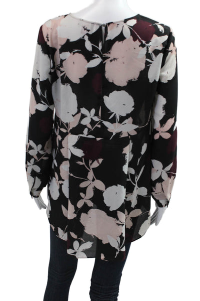 Vince Camuto Women Floral Black Tunic Blouse Long Sleeve Round Neck Size S
